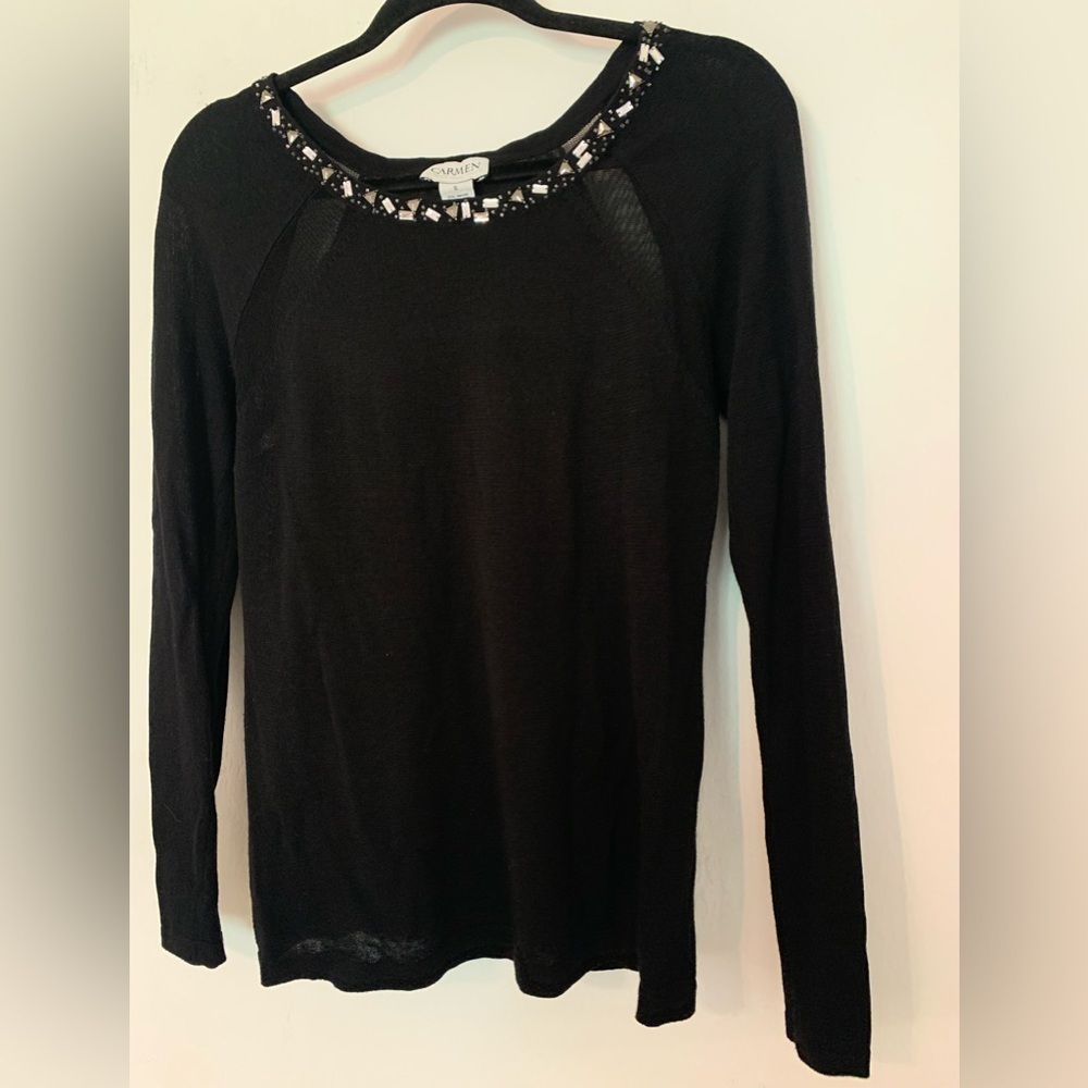 Carmen Marc Valvo Beaded Neckline Top Black S Sweater New Years Old Money Glam - Picture 2 of 12